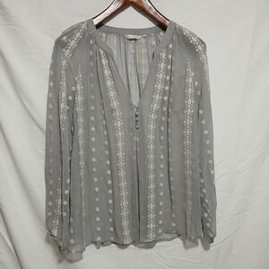Zoa New York Embroidered Blouse Sheer‎ Long Sleeve Button Gray Top Size M